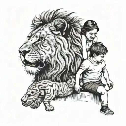 Wife And Son Playing While Dad Watches As Lions