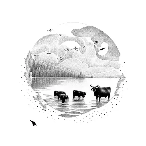Nature Scene With A Lake And Cows And Birds
