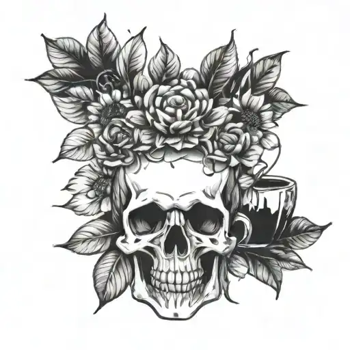 A Skull Wearing A Sunflower Crown With A Coffee Bean Halo