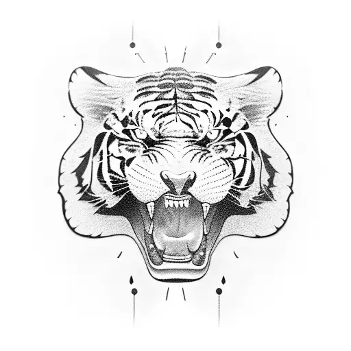 A Blackwork Tattoo Of A Tiger With Video Game Controller Elements Integrated Into The Design
