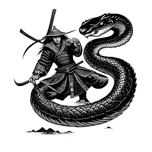 Samurai Warrior Battling A Giant Snake In A Traditional Japanese Landscape