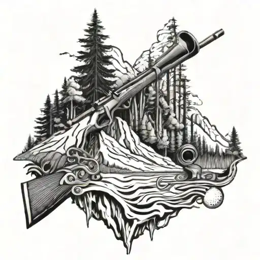 A Golf Club Morphing Into A Mountain Peak With A Hidden Hunting Rifle Integrated Into The Design