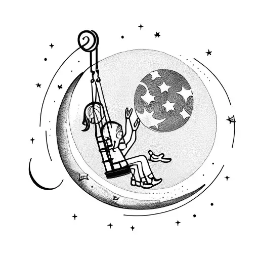 3 Children Sitting On A Swing Attactched To A Crescent Moon Surrounded By Stars