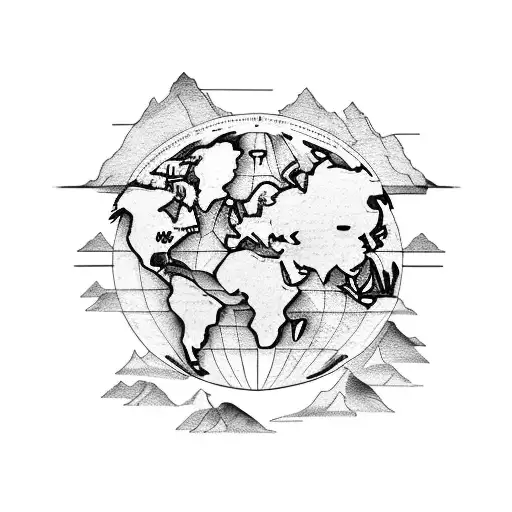 A Detailed World Map Tattoo Incorporating Elements Of Hiking Trails And Mountain Ranges