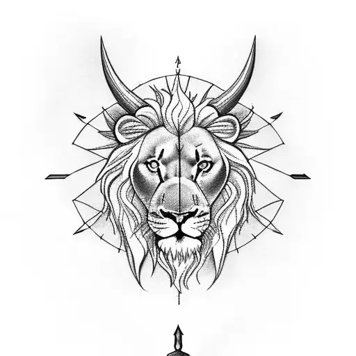 Half Bull Face Next To Half Lion Face And The Sagitarius Sun And Arrow Very Realistic