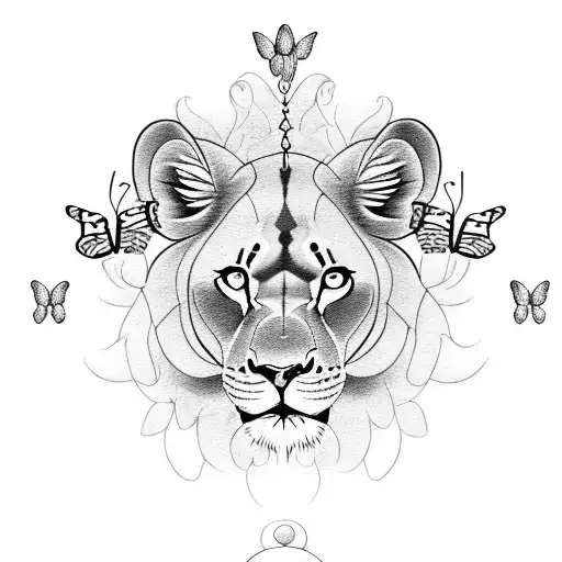 Lioness With Butterflies And Lotus