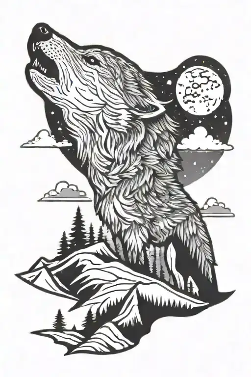 Wolf Howling At The Moon On A Mountain Landscape