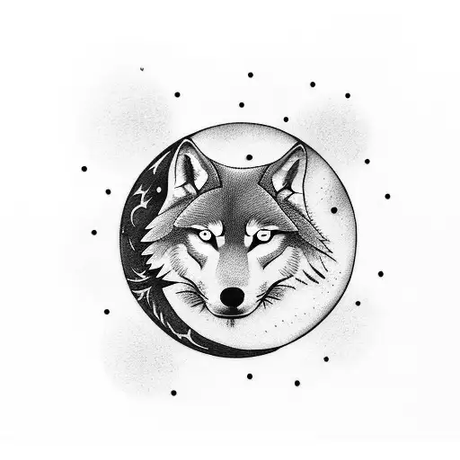 Moon With A Wolf Between Bushes