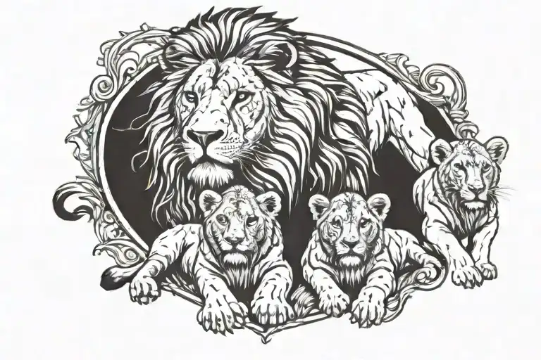 Lion Protecting Cubs