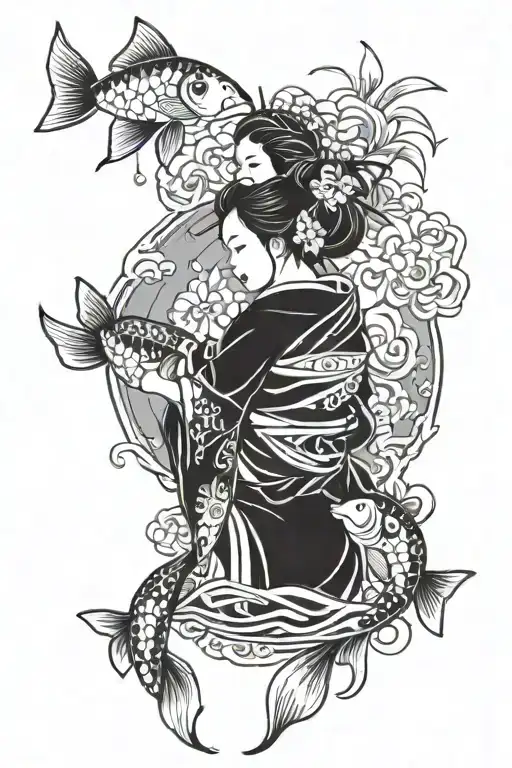Geisha With Koi Fish Swiming Around Her On A Nice Background