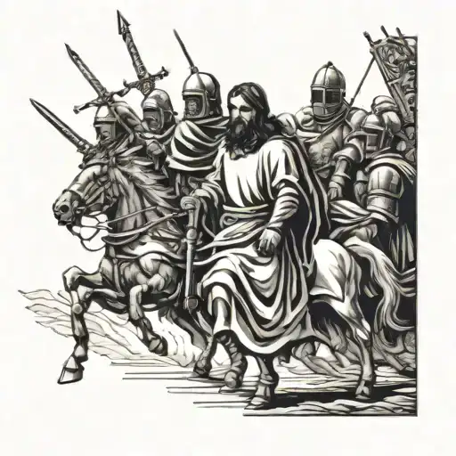 Jesus Leading A Group Of Knights Into Battle Against Evil Forces