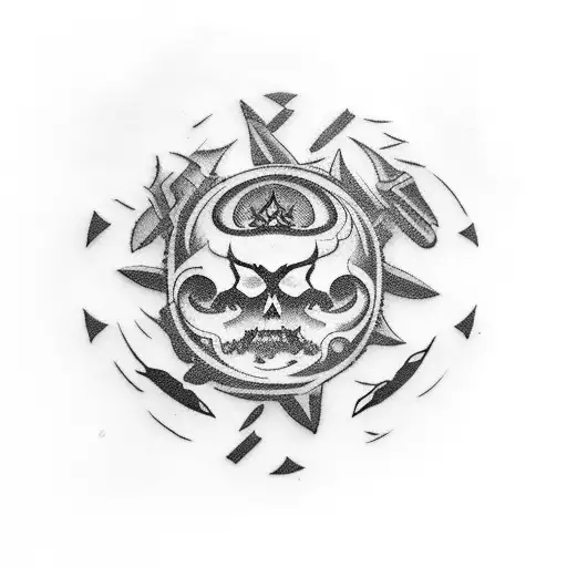 A Dark And Mysterious Tattoo Design Incorporating Japanese Elements And Knives Like Kunai