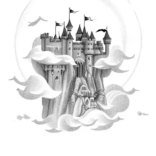 A Majestic Castle Floating In The Clouds With A Dragon Guarding Its Entrance