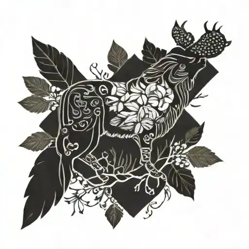 An Intricate Design Combining Elements Of Nature And Cute Animals In A Blackwork Style