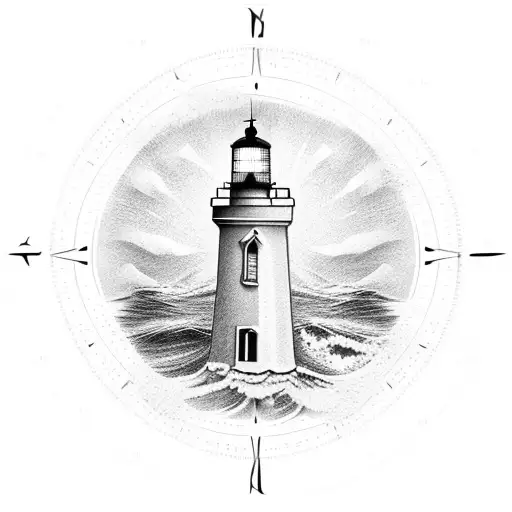 Realistic Lighthouse On Calm Ocean With Achor And Compass