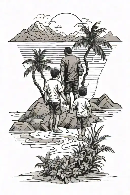 Father Holding Hands With Two 9 Yr Old Boys In A Mountain Range And Beach Oasis Setting