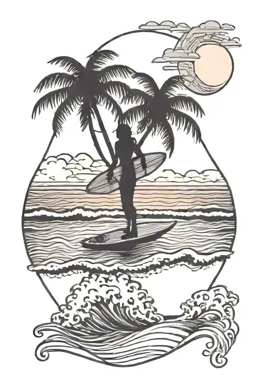 Beach Palm Tree Surfer Girl Sunset Scene