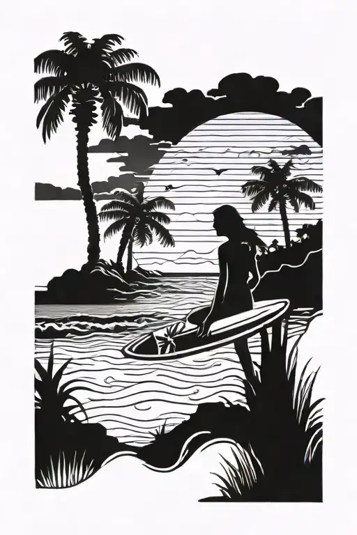 Beach Palm Tree Girl With Surfer Board Sunset Scene