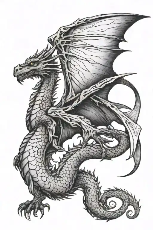Fine Line Black Work Dragon With Wings