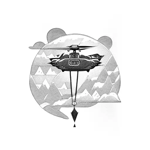 A Detailed Blackwork Tattoo Of A Futuristic Helicopter Flying Over A Mountain Range
