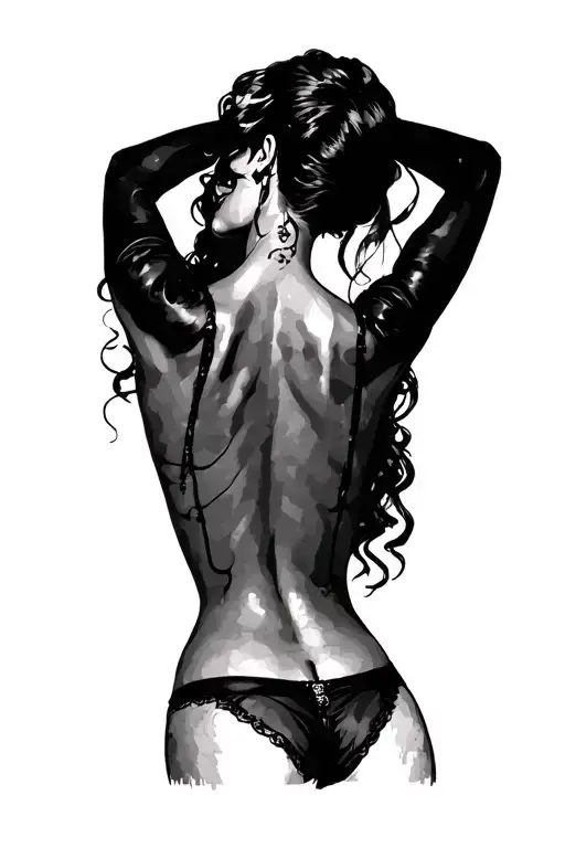 Pin Up Girl With Her Back Facing Forward Looking Over Shoulder With No Top On Wearing A Thong