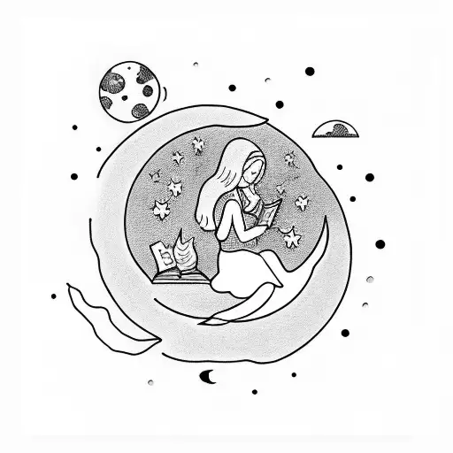 Girl Sitting On A Crescent Moon And Reading A Book