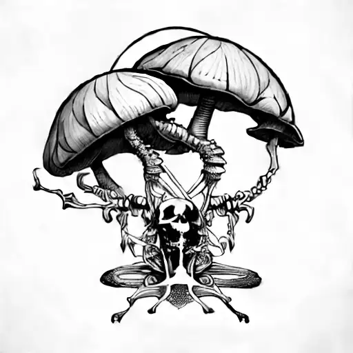 A Skeleton And A Tent With Psychedelic Mushrooms And Colors