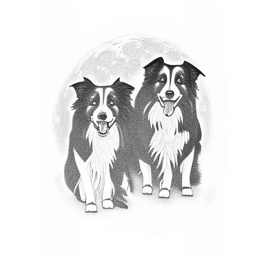 Silhouette Of Two Border Collies Against A Backdrop Of A Blue Moon
