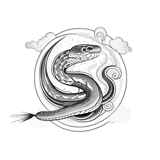 Snake With Clouds Water And Fire In The Background