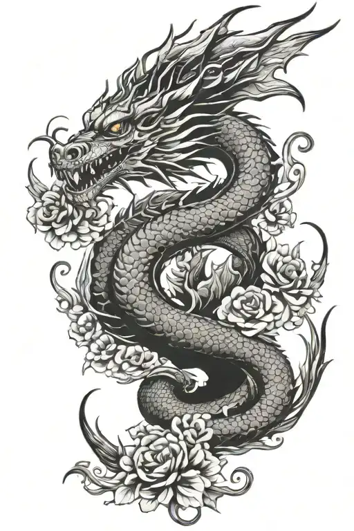 Dragon Back Tattoo With Flowers