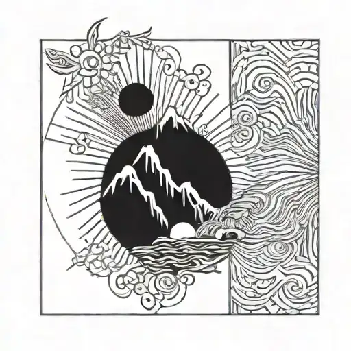 Sun And Mountain Within Square Doesn't Fit The Circle With Asian Influence