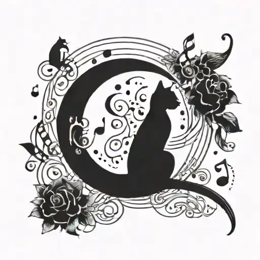 A Silhouette Of A Cat Sitting On A Crescent Moon With Musical Notes Floating Around It