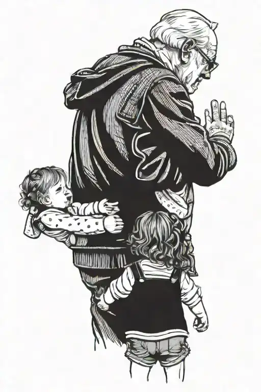 A Grandad With Braces On With His Back To You Holding Little Girls Hand