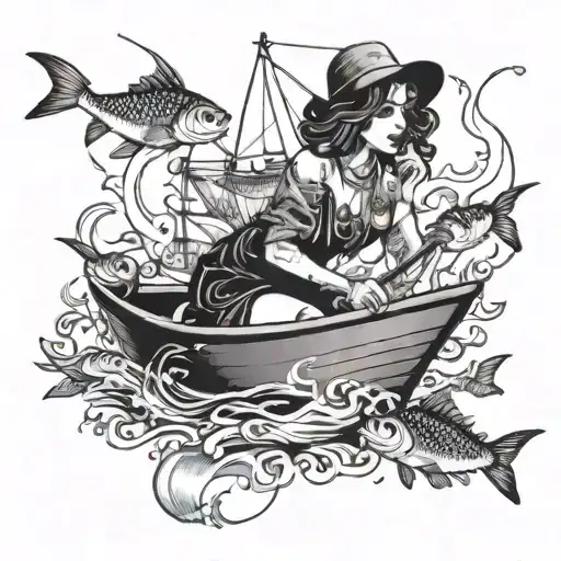 A Woman Fishing On A Dollar Bill Boat Surrounded By Swirling Money Symbols