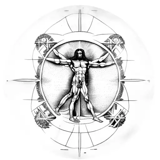 Vitruvian Man With Ancient Roman Scriptures On The Top And Bottom Around It