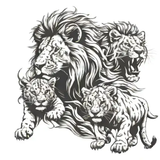 Lion Roaring With Cubs Surrounded