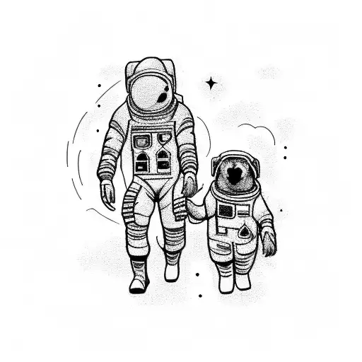 A Blacked Out Astronaut Walking A Birttany Spaniel On A Leash Throughout Space