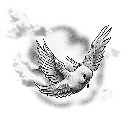 An Ethereal Tattoo Of Tweety Bird Soaring Through A Cloud-filled Sky With White Doves