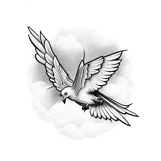 An Ethereal Tattoo Of Tweety Bird Soaring Through A Cloud-filled Sky With White Doves