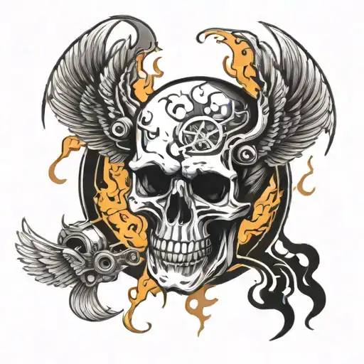 Incorporate A Piston Into A Skull Design Surrounded By Flames And Wings