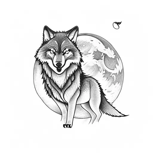 A Blackwork Tattoo Of A Wolf Howling At The Moon Over A Serene Lake Scene