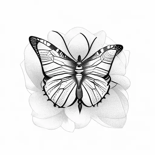 A Sketch-style Tattoo Of A Butterfly Resting On A Beautiful Blooming Flower