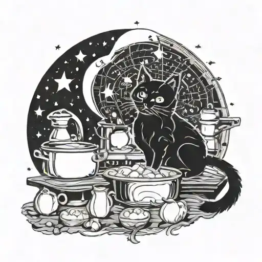 A Cat Cooking In A Celestial Kitchen Surrounded By Stars And A Crescent Moon