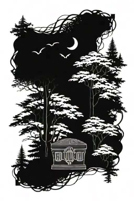 Combination Of The Coffin And Forest Trees Looking