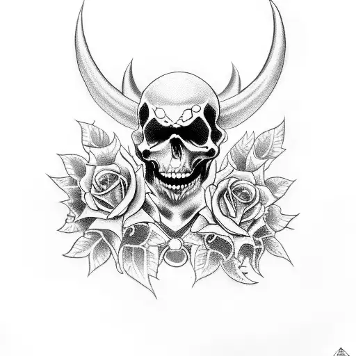 Devil Riding A Motorcycle With Flowers And Skulls And Grim Reaper Flying Next To The Motorcycle