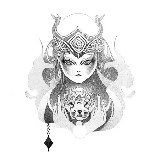 Nordic Goddess Hel With Tear In Eye Embracing Japanese Akita