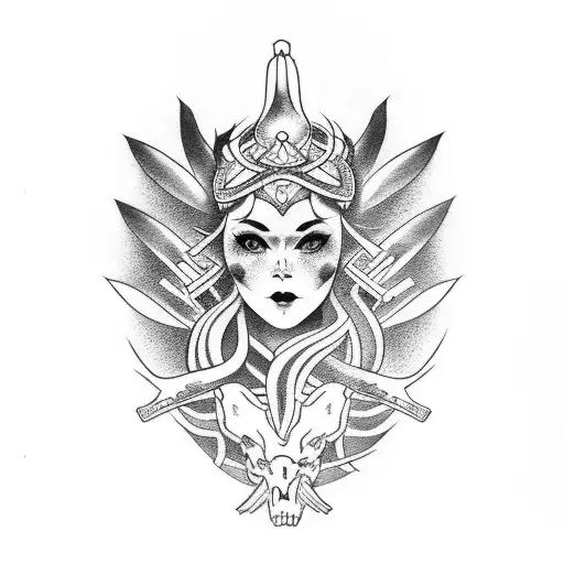 Nordic Goddess Hel Showing Bones In Embracing Japanese Akita