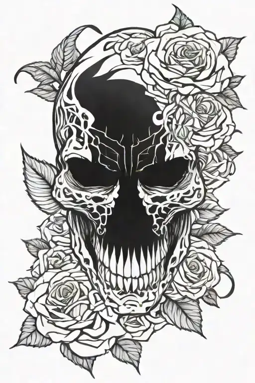 Venom Snake Twisted In Skull With Roses Intertwined