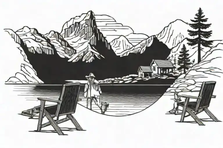 Caravan By A Lake With Mountains In Background With 2 People Sat In Chairs In Fireground