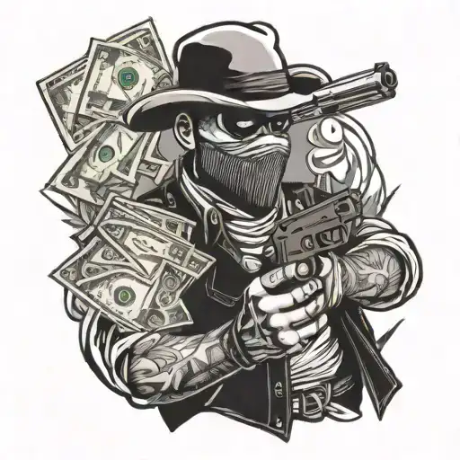 Bank Robber Holding A Gun And Money